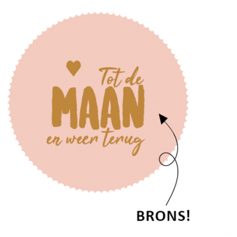 Sticker roze met bronze tekst:  Tot de maan en weer terug