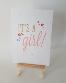 Groeikaart handgeschept kaartje met bloemzaadjes It\'s a Girl gebloemd