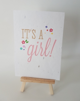 Groeikaart handgeschept kaartje met bloemzaadjes It\'s a Girl gebloemd