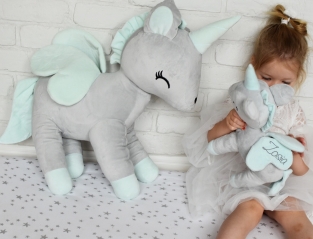 Unicorn knuffel grijs met mint groen